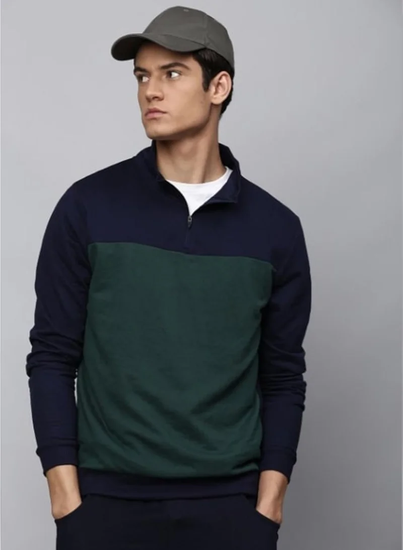 Dennis Lingo Men'S Petrol Green Polyester Blend Colourblocked Regular Fit Sweatshirt