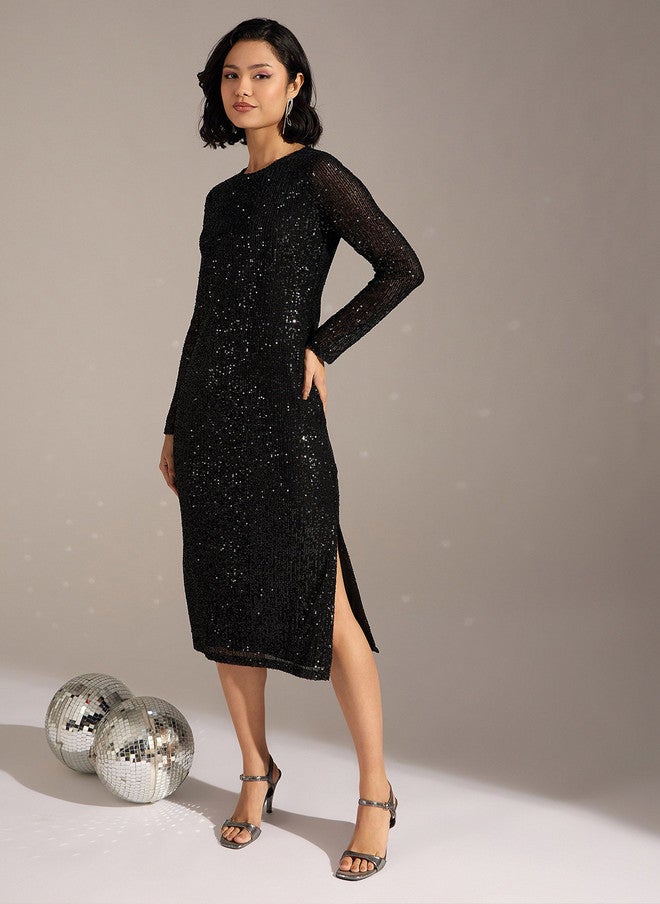 ساسافراس فستان ميدي نسائي مزين بالترتر الأسود - Image 3