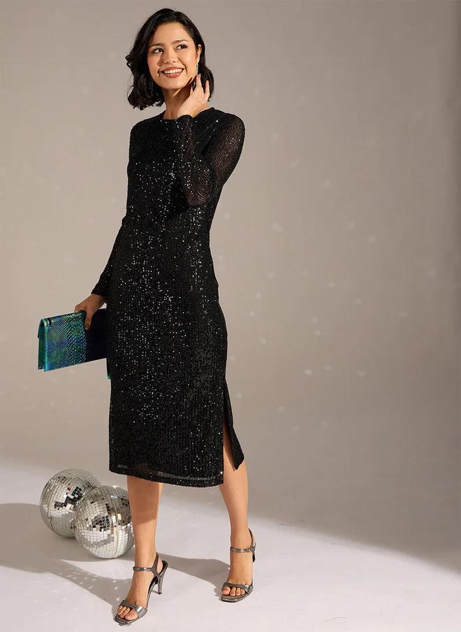 Black Sequin Embellished Midi Dress for Women