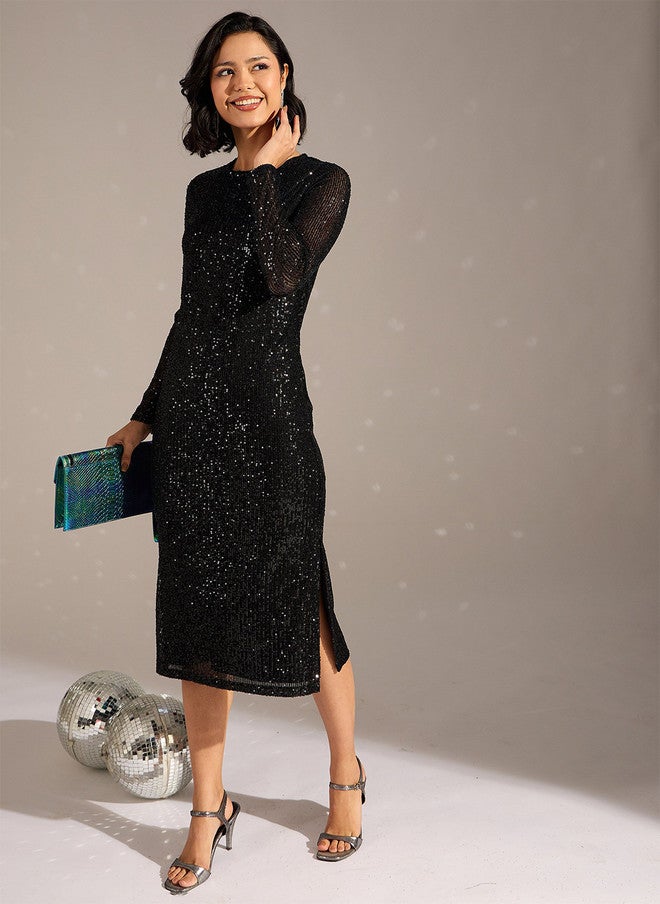 ساسافراس فستان ميدي نسائي مزين بالترتر الأسود - Image 1