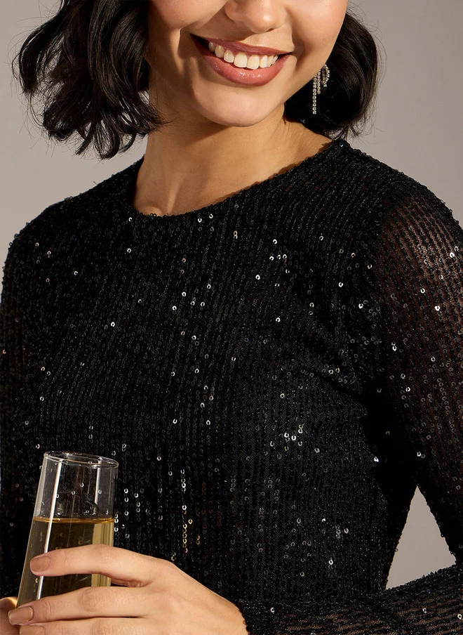 SASSAFRAS Black Sequin Embellished Midi Dress for Women