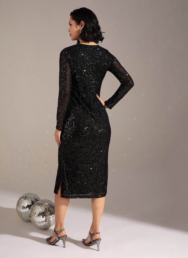 ساسافراس فستان ميدي نسائي مزين بالترتر الأسود - Image 4