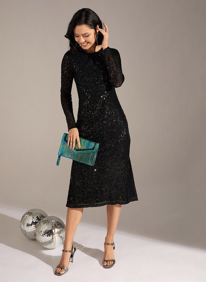 ساسافراس فستان ميدي نسائي مزين بالترتر الأسود - Image 5