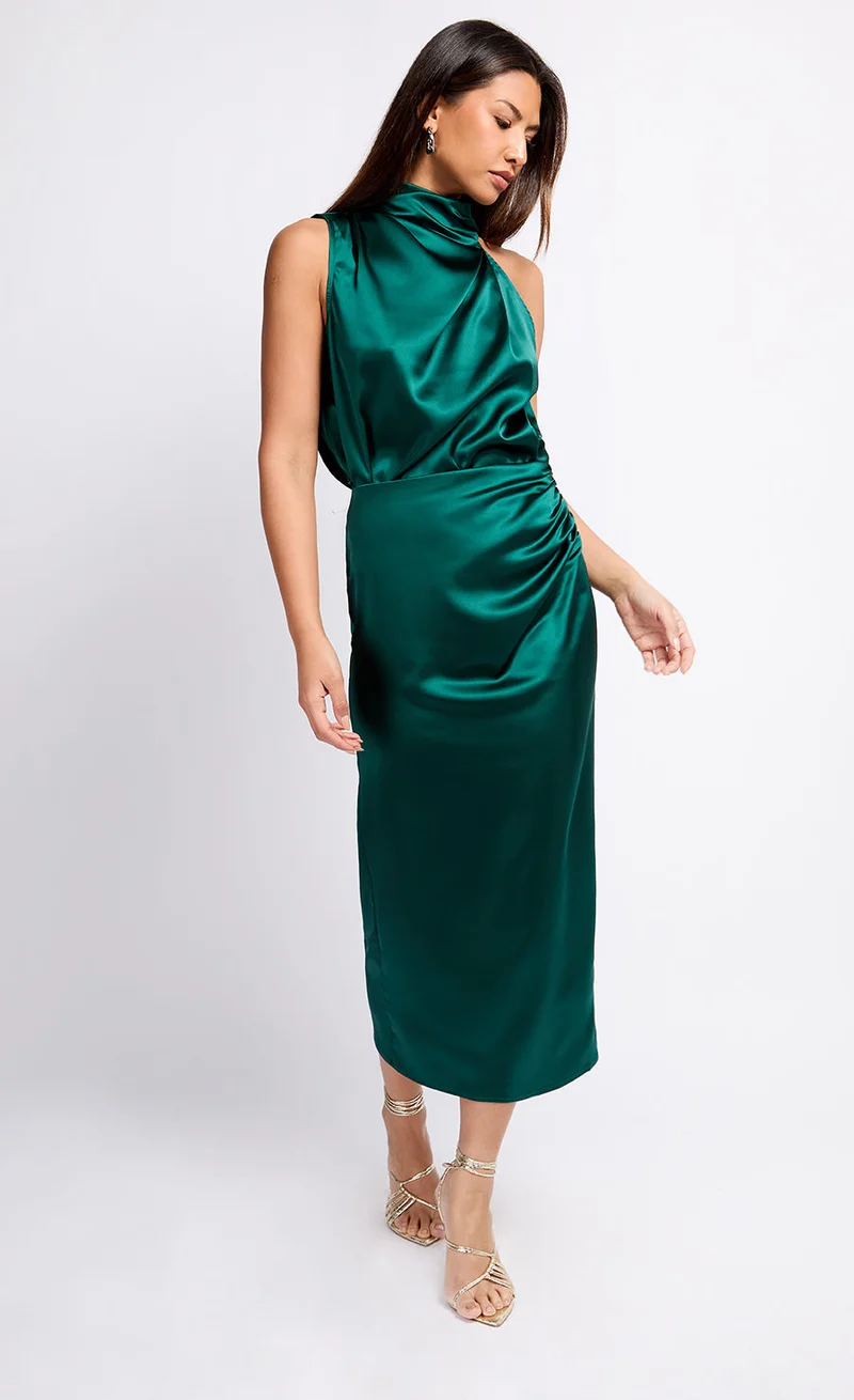 Green Satin Drape Midaxi Skirt