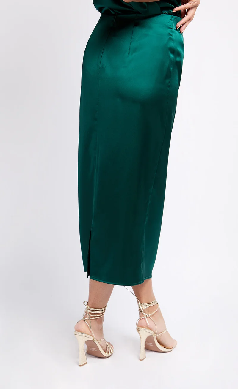 Little Mistress Green Satin Drape Midaxi Skirt