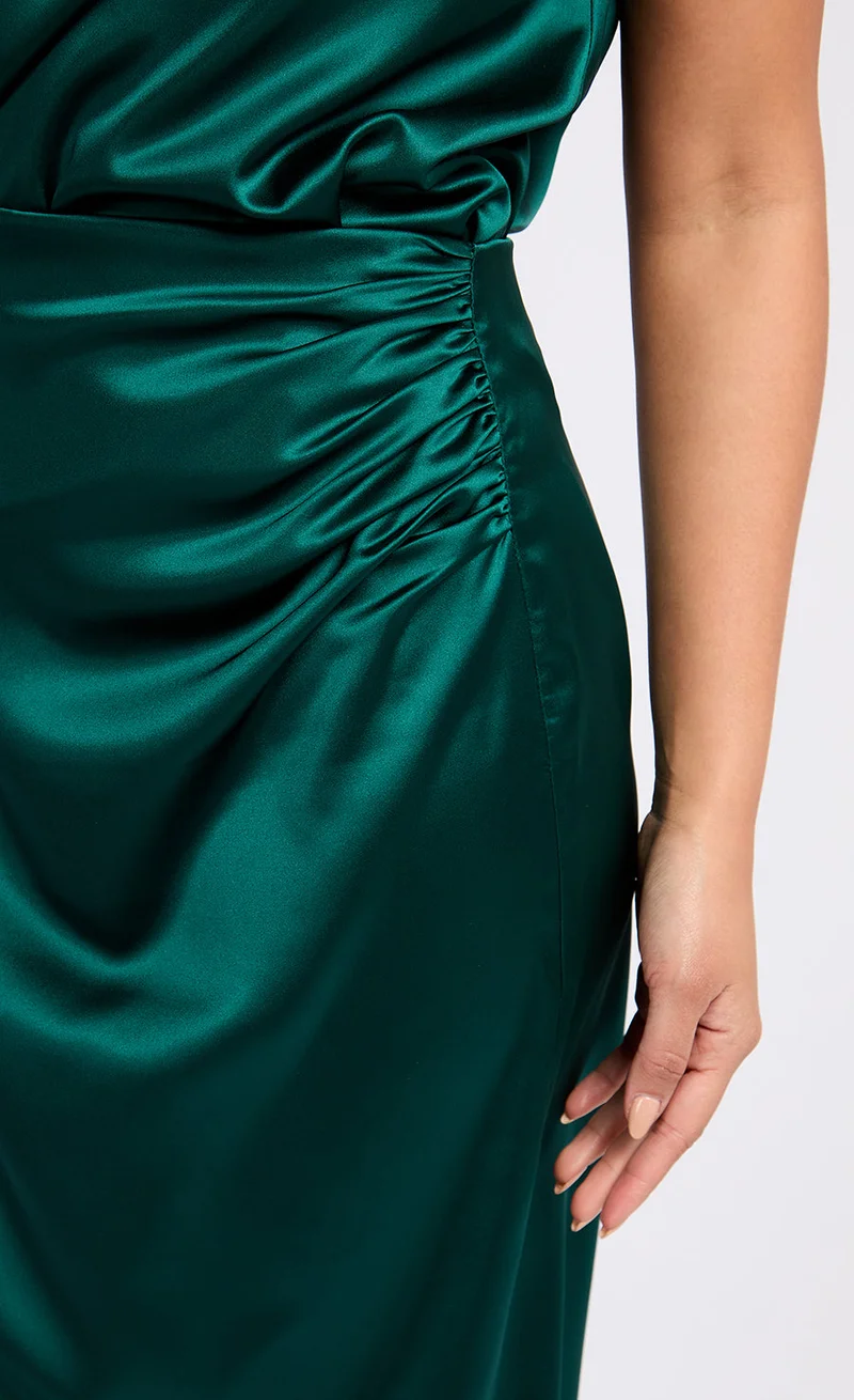 Little Mistress Green Satin Drape Midaxi Skirt