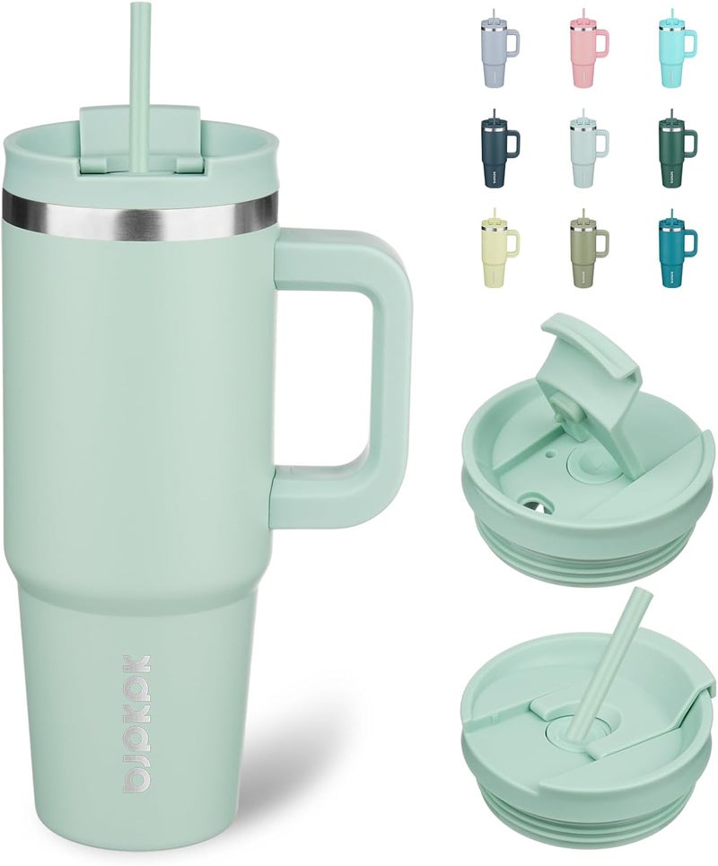 BJPKPK Insulated Tumblers With Handle And Straw 30 oz Stainless Steel Tumbler Cups With Lid,Pistachio Green - Image 1