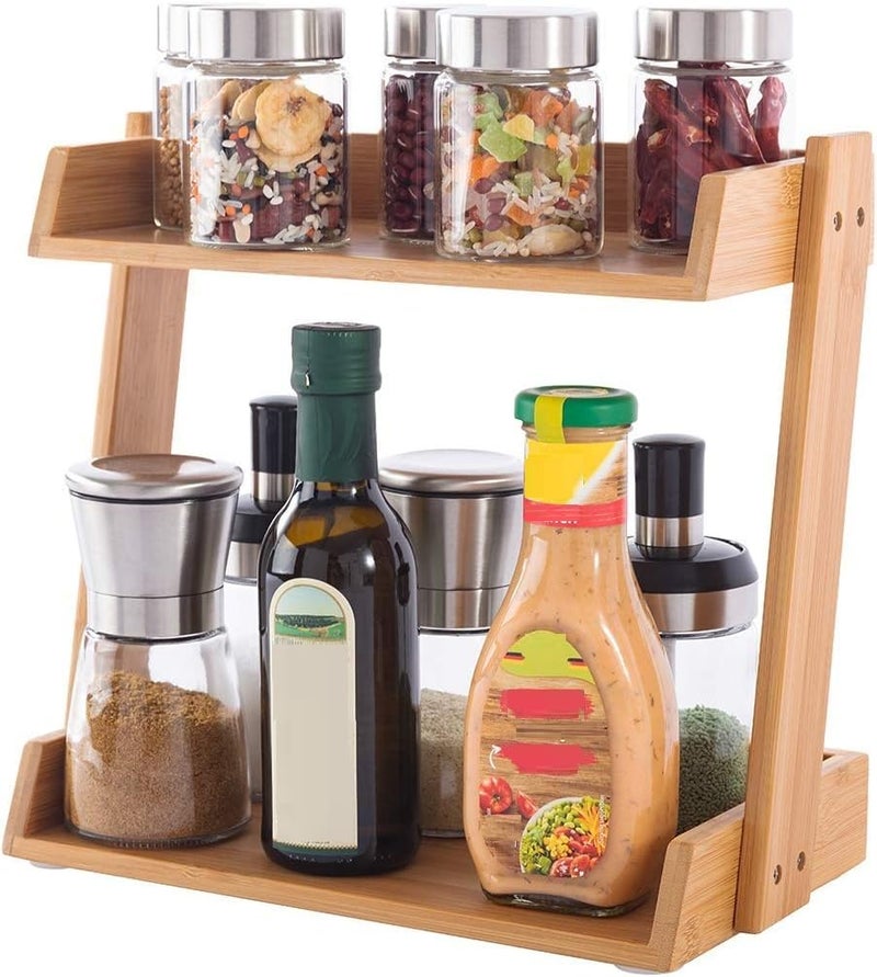 MUGATH MUGATH 2Tier Makeup Desk Organizer Bamboo Bathroom Countertop Cosmetic Perfume Organizer Vanity Bedroom Storage Tray Kitchen Spice Shelf Snack Mug Holder Bookshelf  - Image 1
