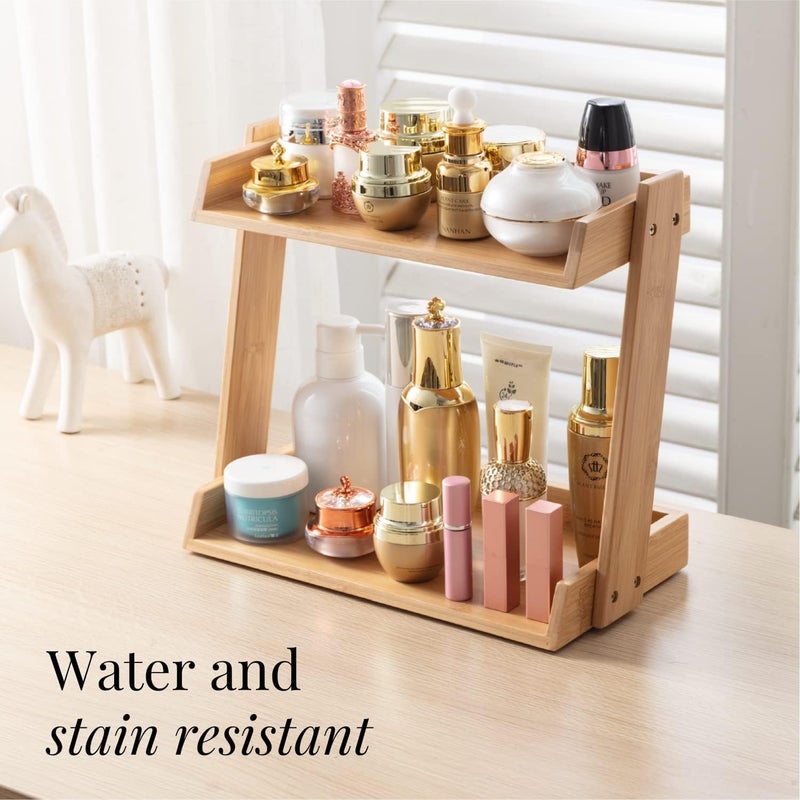 MUGATH MUGATH 2Tier Makeup Desk Organizer Bamboo Bathroom Countertop Cosmetic Perfume Organizer Vanity Bedroom Storage Tray Kitchen Spice Shelf Snack Mug Holder Bookshelf  - Image 2