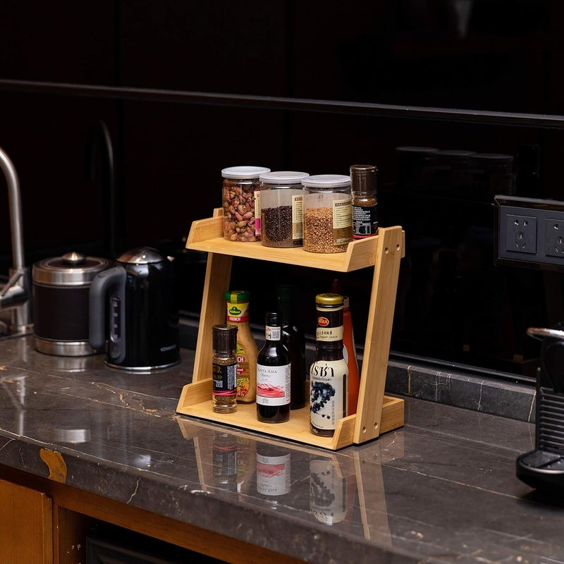 MUGATH MUGATH 2Tier Makeup Desk Organizer Bamboo Bathroom Countertop Cosmetic Perfume Organizer Vanity Bedroom Storage Tray Kitchen Spice Shelf Snack Mug Holder Bookshelf  - Image 3