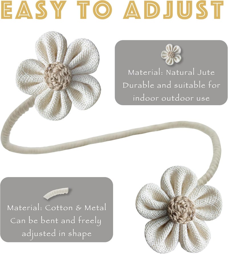 warmtone Curtain Tie Backs for Curtain Drapes, Boho Decor Holdback Farmhouse TieBacks for Blackout/Sheer Curtains, Jute Rope with Flower, Natural Decor Shabby Chic Drapery Holder, Pack-2 - Image 2