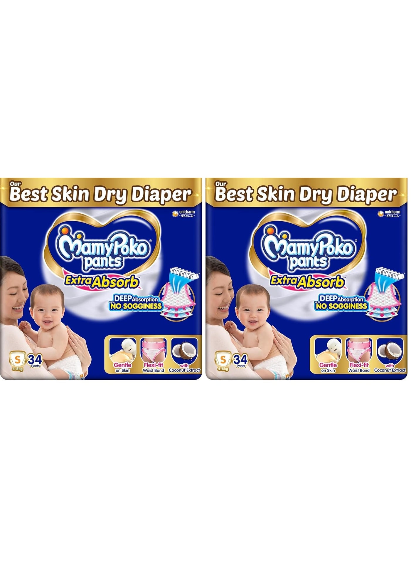 MamyPoko Pants Extra Absorb Baby Diapers, Small (S size), 4-8 kg, 34 Count, Deep Sleep Diapers, Soft gentle fit, Deep Absorbent Crisscross, skin friendly with coconut oil (Pack of 2)