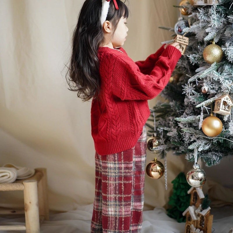 Korean Children'S Retro Classic Red Plaid Straight Pants Winter Chinese New Year Casual Fleece-Lined Wide Leg Pants For Boys And Girls - Image 5
