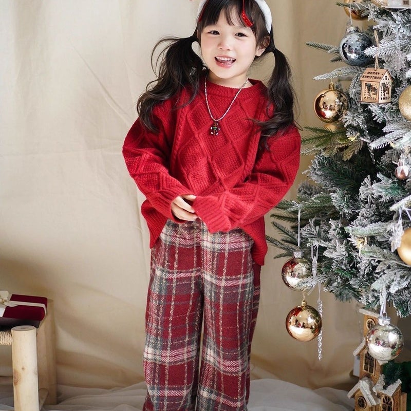 Korean Children'S Retro Classic Red Plaid Straight Pants Winter Chinese New Year Casual Fleece-Lined Wide Leg Pants For Boys And Girls - Image 2