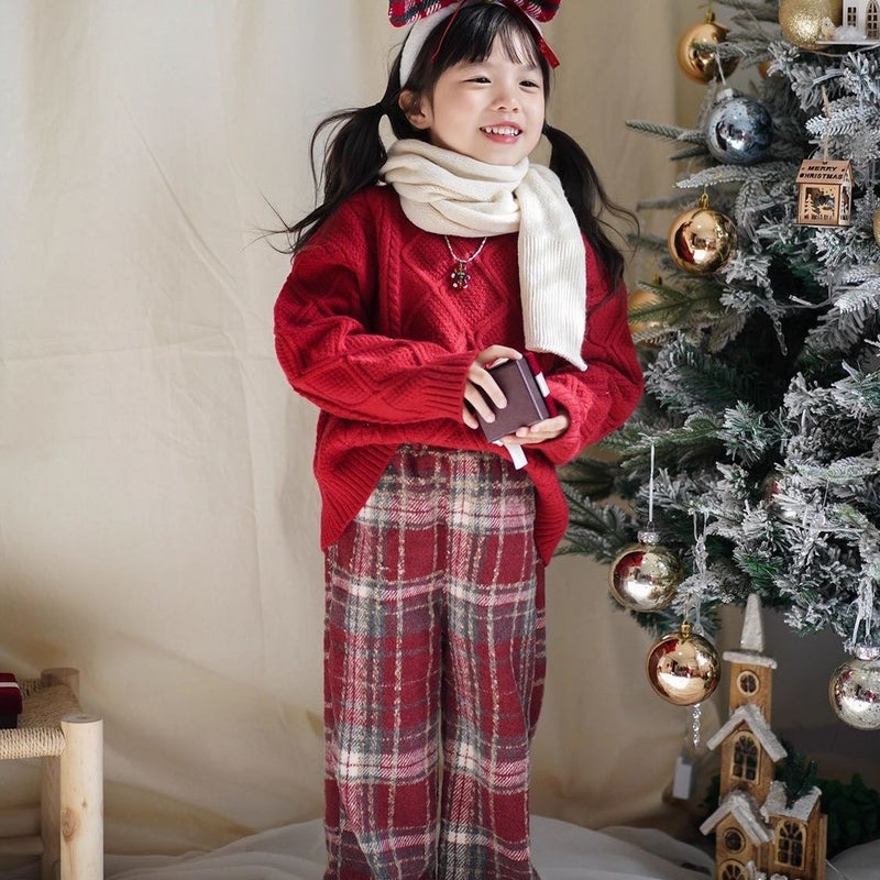 Korean Children'S Retro Classic Red Plaid Straight Pants Winter Chinese New Year Casual Fleece-Lined Wide Leg Pants For Boys And Girls - Image 3