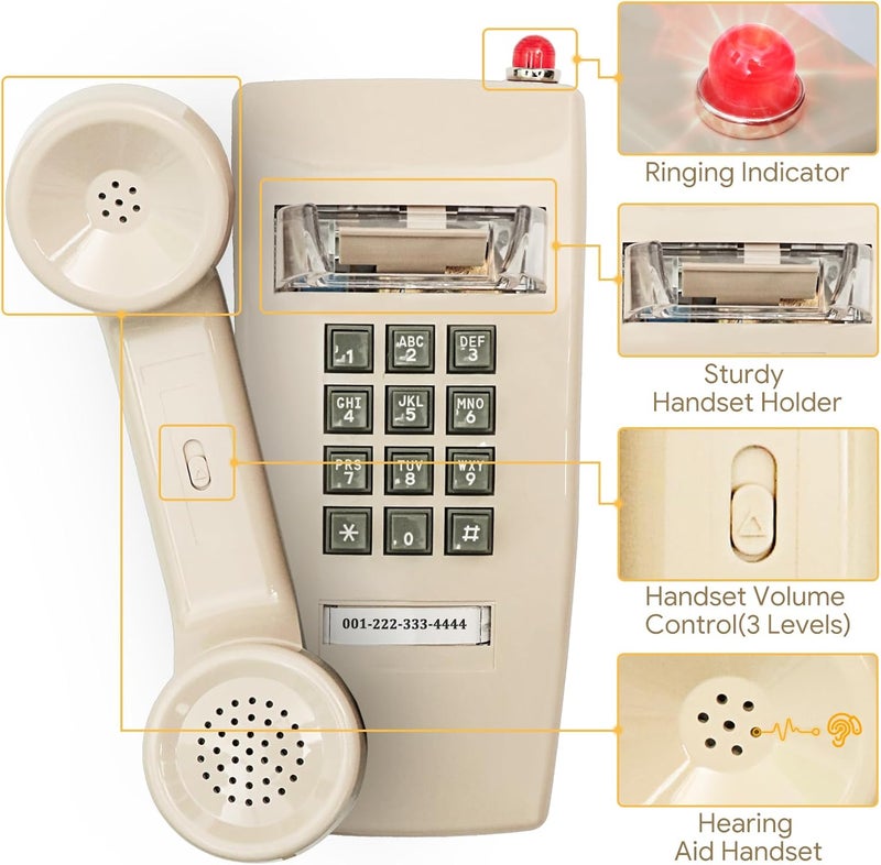 Sangyn Retro Wall Phones for Landline with Mechanical Ringer Corded Telephone Wall Mounted with Indicator Waterproof Old Style Landline Phones for Home Kitchen, Beige - Image 5