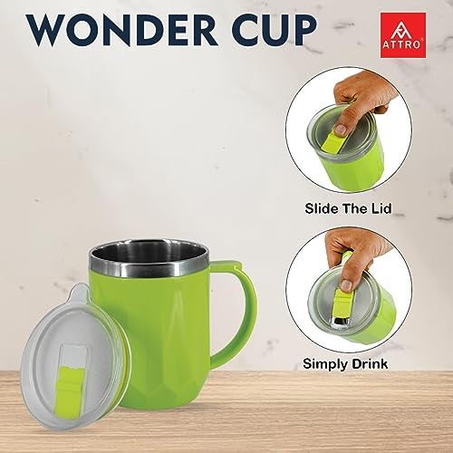 Attro Wonder Cup Vaccum Insulated Cup Comes with Styling Lid & Stylish Handle Perfect for Hot Tea, Coffee,Soups-450Ml Green, Stainless Steel, Plastic - Image 2