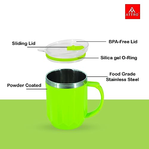 Attro Wonder Cup Vaccum Insulated Cup Comes with Styling Lid & Stylish Handle Perfect for Hot Tea, Coffee,Soups-450Ml Green, Stainless Steel, Plastic - Image 3