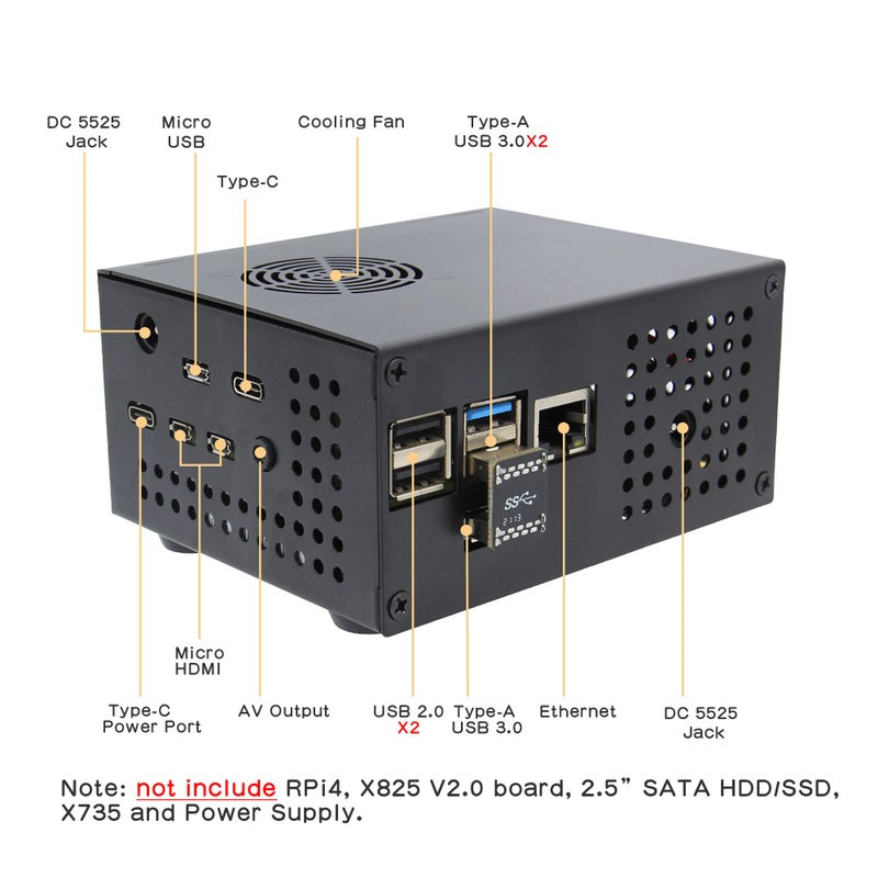 Geekworm Geekworm X825-C8 (X825 V2.0) Metal Case+Power Switch+Cooling Fan Support X825 V2.0 2.5 inch SATA SSD/HDD Shield & Raspberry Pi 4 Model B & X735 Only(Not Include RPi4&X825 V2.0&X735&PSU&SSD&TF Card) - Image 5