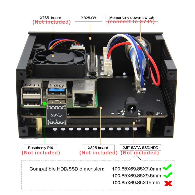 Geekworm Geekworm X825-C8 (X825 V2.0) Metal Case+Power Switch+Cooling Fan Support X825 V2.0 2.5 inch SATA SSD/HDD Shield & Raspberry Pi 4 Model B & X735 Only(Not Include RPi4&X825 V2.0&X735&PSU&SSD&TF Card) - Image 3