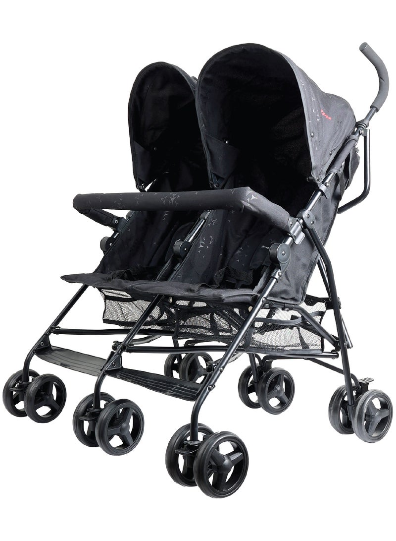 زينيث عربة أطفال مزدوجة (توين) مدمجة، مناسبة للرضّع والأطفال الصغار، بتصميم جانبي مزدوج، خفيفة الوزن وقابلة للطي للسفر، مزودة بمقاعد قابلة للإمالة، مظلة كبيرة، سلة تخزين، وعجلات سلسة، سهلة الطي – باللون الرمادي. - Image 1