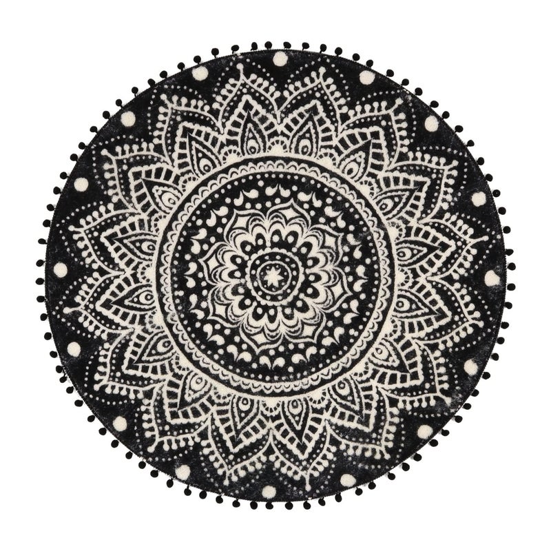Uphome Boho Round Rug for Living Room 4' Circular Black Mandala Area Rug with Pom Poms Fringe Washable Cute Bohemian Accent Throw Rugs Non-Slip Soft Floor Mat for Bedroom Sofa Kids Room Nursery - Image 4