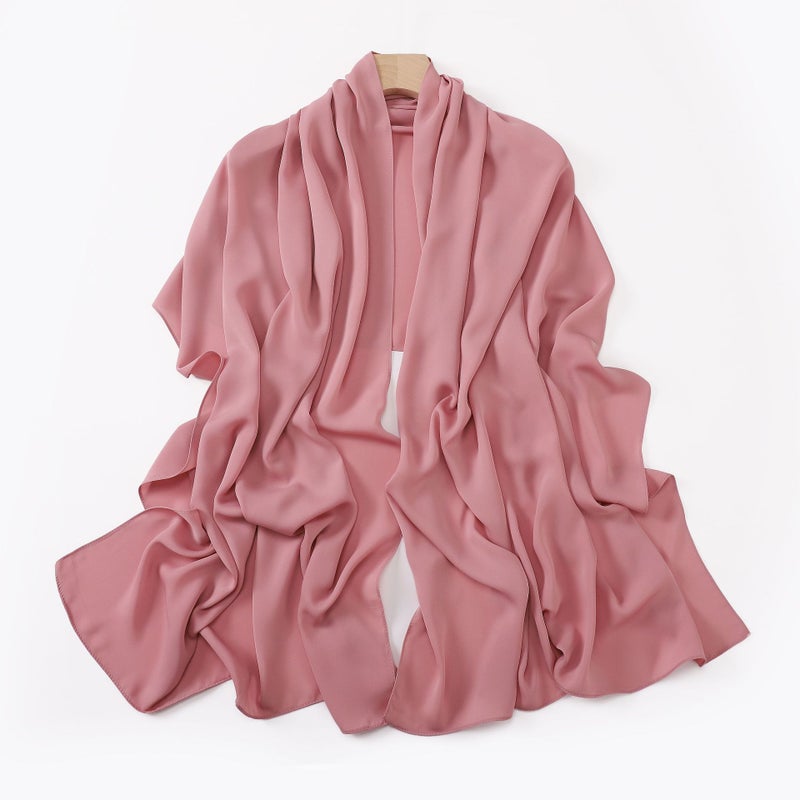 Solid Color Long Silk Scarf Wrinkle Resistant Hijab Peach pollen