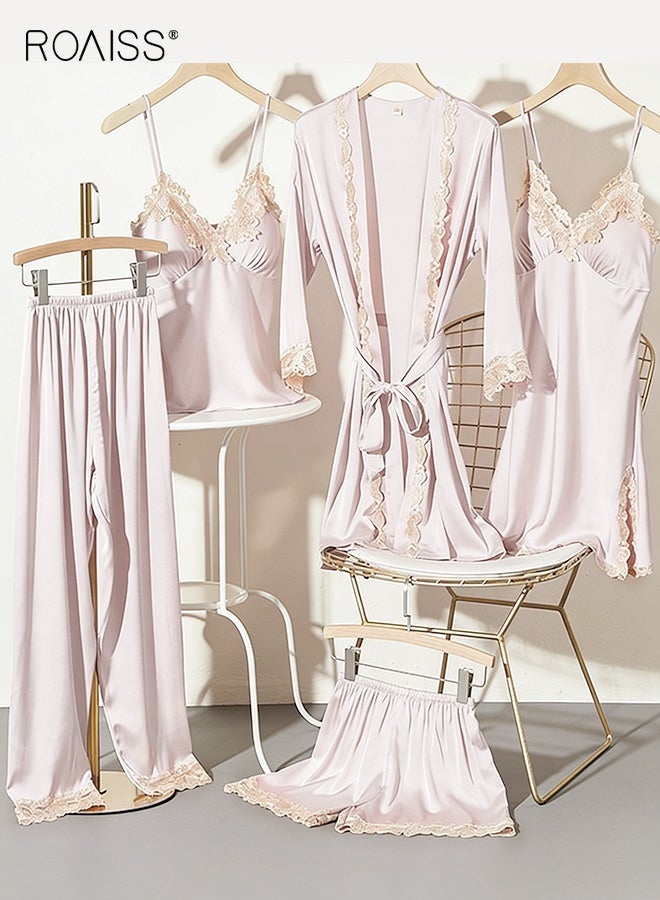 رويس طقم بيجامة نسائي مكون من 5 قطع مع وسادة صدر، ملابس نوم جميلة، ملابس منزلية، ملابس تناسب السيدات، طباعة زهور، ملابس نوم، ملابس داخلية، شورتات صيفية وربيعية - Image 1