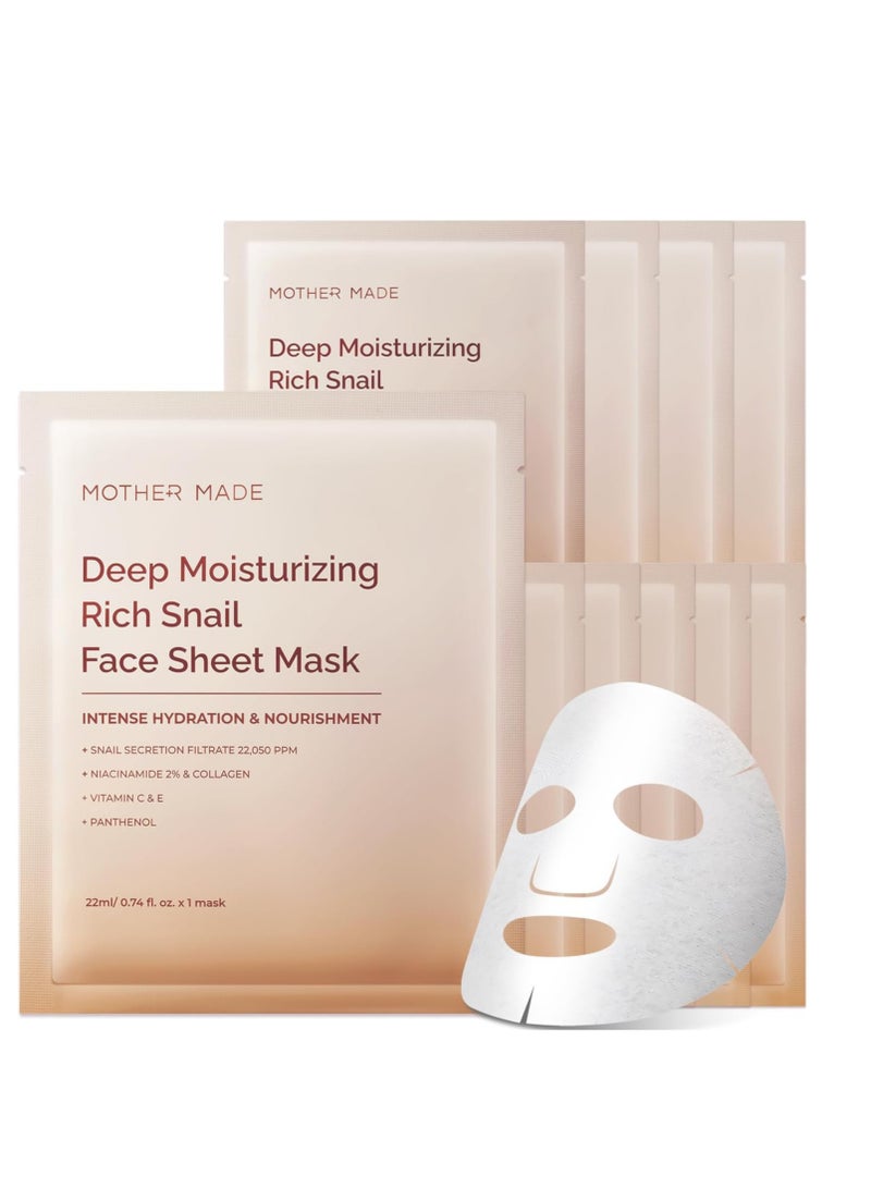MOTHER MADE Moisturizing Snail Mucin Face Mask 10 Sheets, 22,050ppm Snail Secretion Filtrate, Collagen, Niacinamide, Vitamin C & E, Anti-aging Snail Essence for Dry, Sensitive Skin, Korean Skincare - Image 1