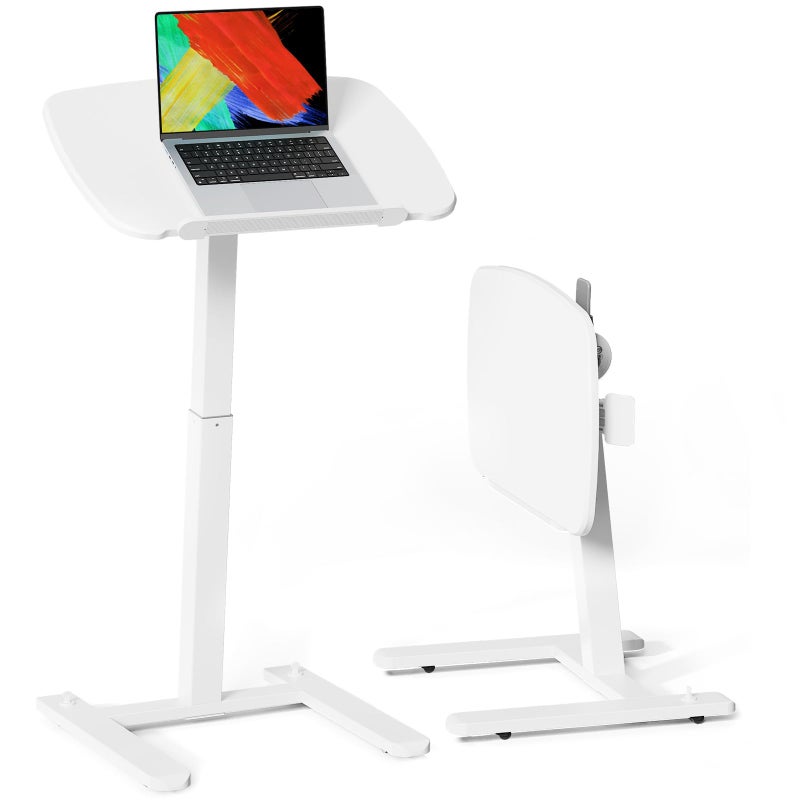 JOY worker Low Height Small Mobile Standing Desk for Couch, Height Adjustable TV Tray Table with 90Â° Foldable MDF Desktop, Portable Laptop Desk with Low Base & Lockable Hidden Casters, White - Image 1