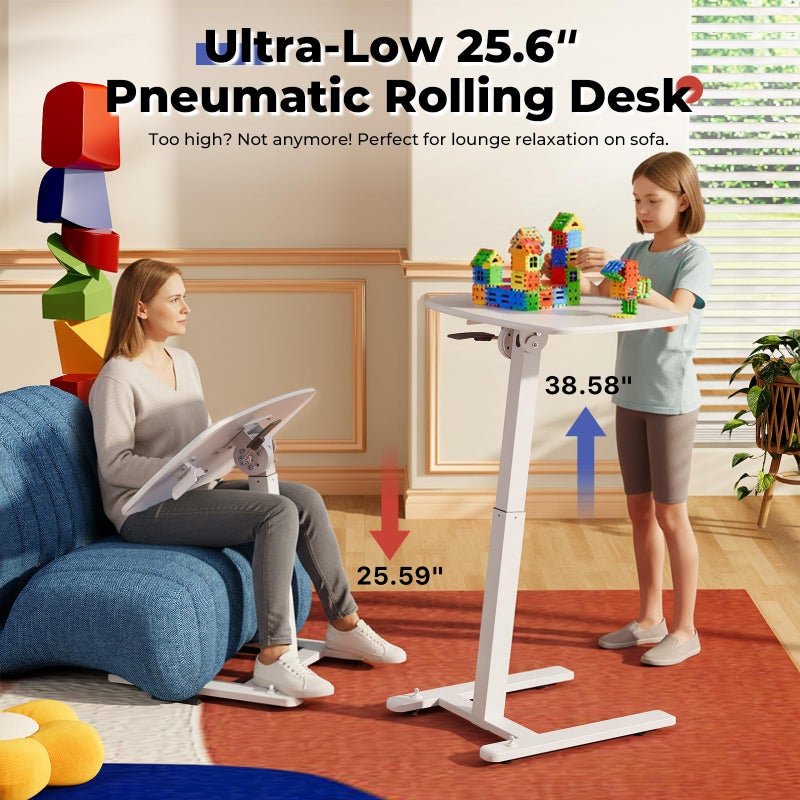 JOY worker Low Height Small Mobile Standing Desk for Couch, Height Adjustable TV Tray Table with 90Â° Foldable MDF Desktop, Portable Laptop Desk with Low Base & Lockable Hidden Casters, White - Image 3