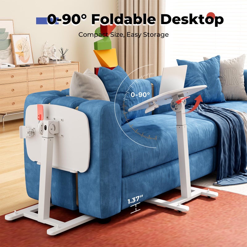 JOY worker Low Height Small Mobile Standing Desk for Couch, Height Adjustable TV Tray Table with 90Â° Foldable MDF Desktop, Portable Laptop Desk with Low Base & Lockable Hidden Casters, White - Image 5