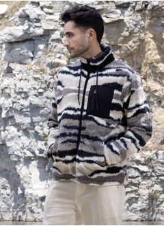 Campus Sutra Men's Midnight Black & Ivory White Camouflage Sherpa Puffer Jacket  - Image 3