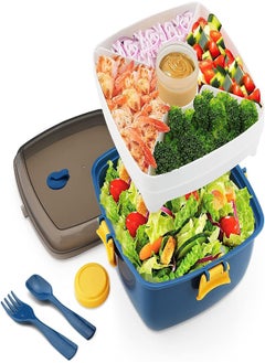 Salad Lunch Box Container, Double Layer Bento Box with Cutlery and Sauce Container, 40 oz Salad Bowl with 5 Compartment Bento Style Tray Leak Proof Lunch Box for Food Snack Salad Home Office (Blue)