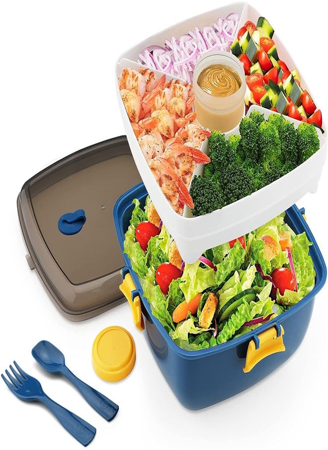joyzzz - Salad Lunch Box Container, Double Layer Bento Box with Cutlery and Sauce Container, 40 oz Salad Bowl with 5 Compartment Bento Style Tray Leak Proof Lunch Box for Food Snack Salad Home Office (Blue) - Image 1
