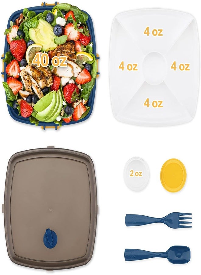joyzzz - Salad Lunch Box Container, Double Layer Bento Box with Cutlery and Sauce Container, 40 oz Salad Bowl with 5 Compartment Bento Style Tray Leak Proof Lunch Box for Food Snack Salad Home Office (Blue) - Image 1