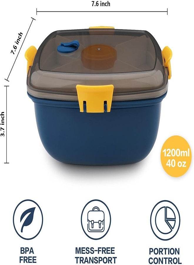 joyzzz - Salad Lunch Box Container, Double Layer Bento Box with Cutlery and Sauce Container, 40 oz Salad Bowl with 5 Compartment Bento Style Tray Leak Proof Lunch Box for Food Snack Salad Home Office (Blue) - Image 1