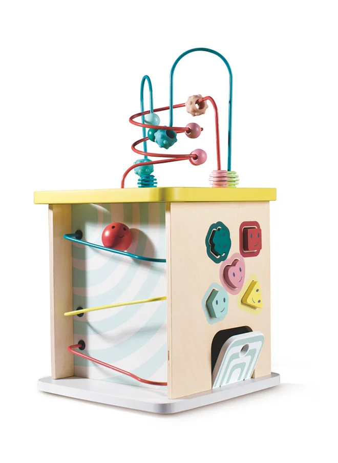 Hape Wooden Multi Activity Cube, 12 Months & Up, Encourage Imagination & Story Telling, Activity Center, Motor Skill Activity Cube, Multicolor