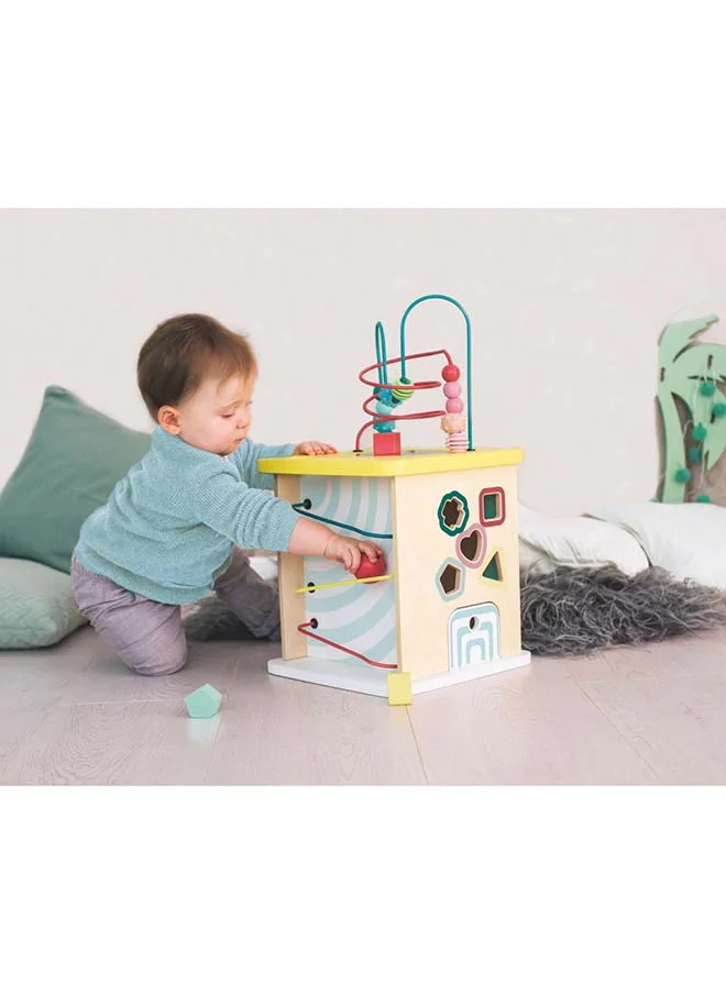 Hape Wooden Multi Activity Cube, 12 Months & Up, Encourage Imagination & Story Telling, Activity Center, Motor Skill Activity Cube, Multicolor