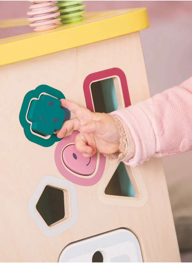 Hape Wooden Multi Activity Cube, 12 Months & Up, Encourage Imagination & Story Telling, Activity Center, Motor Skill Activity Cube, Multicolor