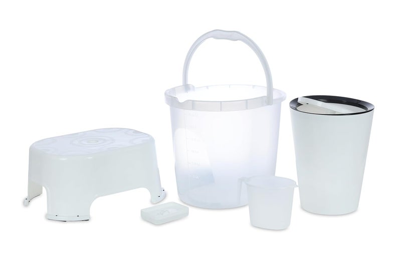 Varmora Varmora Plastic Balti Accessories Set White Bucket 175L Mug 1L Waste Container with Flap 85L 5 Pieces  - Image 1