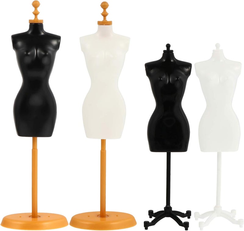 comfrt Mini Size Female Mannequin Torso, 4Pcs Mini Doll Dress Form Manikin Body with Base Stand for Sewing Dressmakers Dress Jewelry Display, Black&White, 25x7.5cm/9.82x2.95inch, (Mixed Style) - Image 1