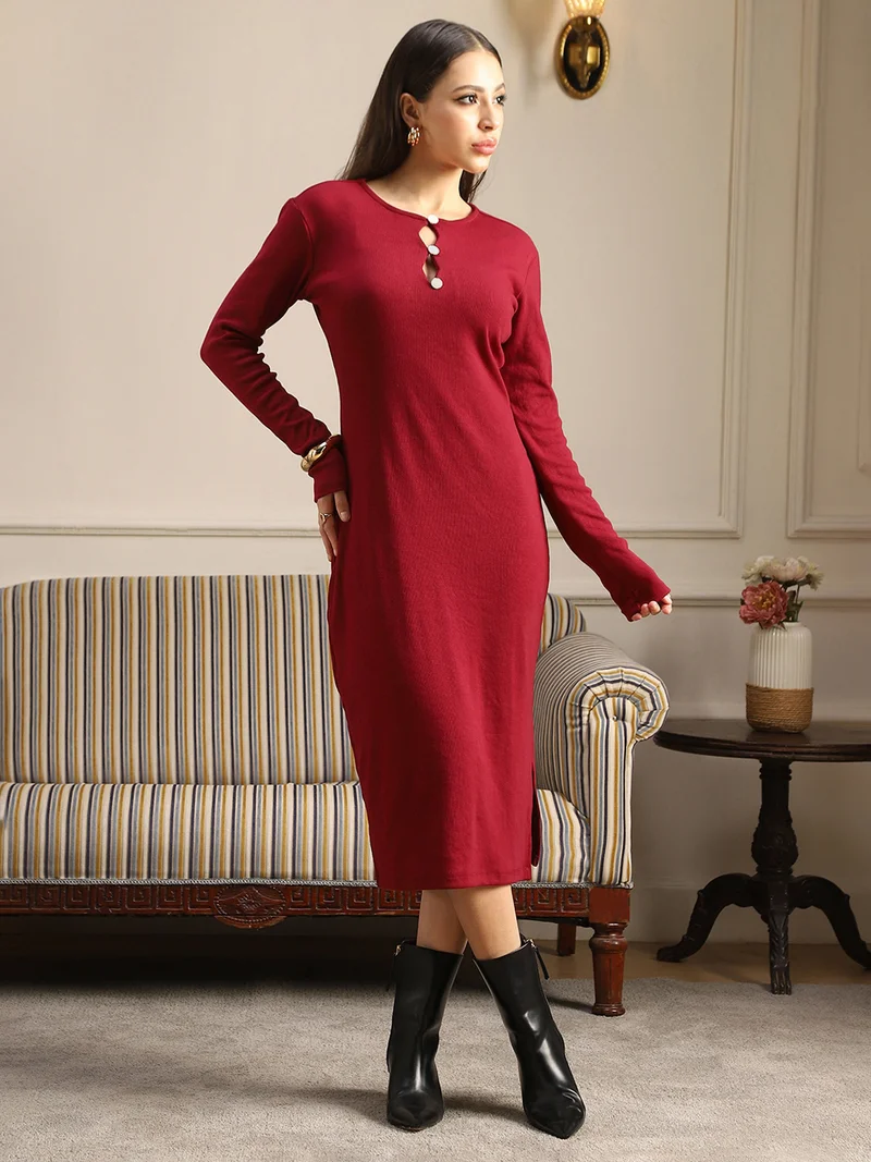 جلو باص فستان نسائي ضيق مضلع بياقة مفتاح وأكمام طويلة وفتحة جانبية بلون عنابي