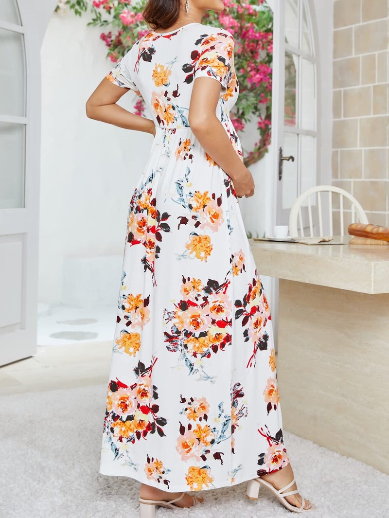 Xpenyo Women's Floral Maternity Dresses Summer Casual Short Sleeve V Neck Wrap Long Maxi Dress Pregnancy Clothes for Baby Shower, Photoshoot, Party, Daily, Nursing, White Camellia L - Image 4