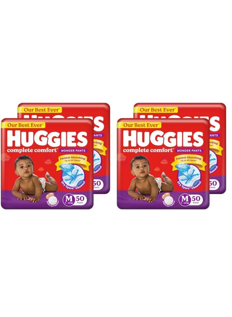Huggies Complete Comfort Wonder Pants | Pant Style Baby Diapers M Size, 50*4 Count | India's Fastest Absorbing Diaper, Patented Dry Xpert Channel, Ideal for 7 to 12 Kgs (Pack of 4) - Image 1