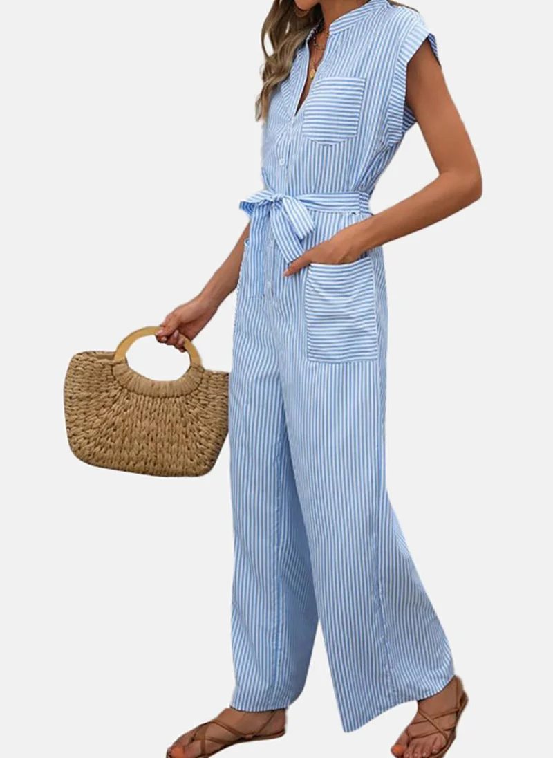 يونيكي Blue Striped Relaxed Fit Collared Jumpsuit