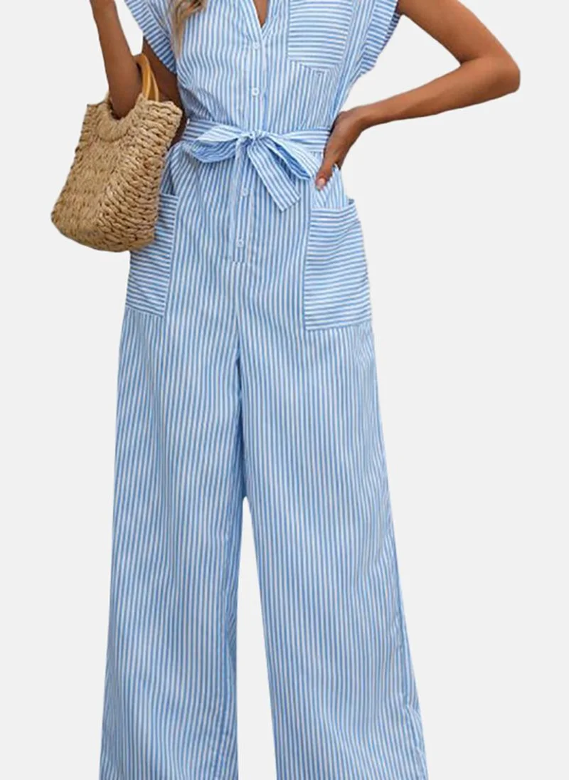 YUNIQEE Blue Striped Relaxed Fit Collared Jumpsuit