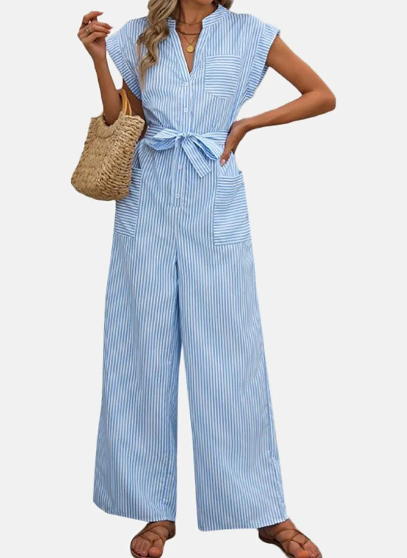 YUNIQEE Blue Striped Relaxed Fit Collared Jumpsuit