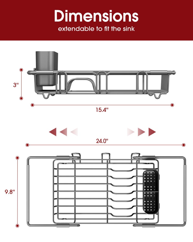 Sakugi Dish Drying Rack in Sink - Expandable Stainless Steel Dish Rack Over the Sink, Kitchen Sink Drain Strainer with Cutlery Holder & Cup Holders, 15.4 x 9.8 x 3.0 Inch, Grey - Image 3
