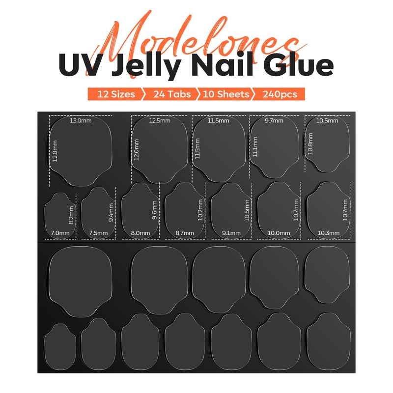 modelones Nail Adhesive Tabs 240pcs - UV Jelly Nail Glue Stickers for Press on Waterproof Breathable Double Sided Sticky Tabs Need Curing 10 Sheet 12 Sizes - Image 2
